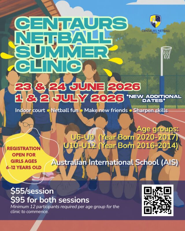 ☀️🏐 Looking for a fun and active way to spend the school holidays?

Join us at the Centaurs Netball Summer Clinic 2026! Due to request for additional dates, we've added an additional clinic on 1 & 2 July, alongside our upcoming 23 & 24 June clinic.

Designed for girls aged 6–12, this 2-day clinic focuses on movement skills, ball handling, shooting, teamwork, and game understanding in a fun and supportive environment. Perfect for beginners and returning players alike.

📍 Australian International School

⏳ Final call for 23 & 24 June [Closed]
✨ Registrations are now open for 1 & 2 July
📲 Scan the QR code or visit the link in bio to reserve a place.